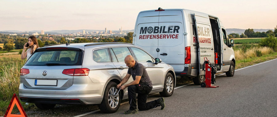 Reifenpanne am Sonntag - Mobiler Reifenservice Mechaniker wechselt Reifen bei einer Panne am Sonntag direkt am Straßenrand, während die Fahrerin den Notdienst anruft.